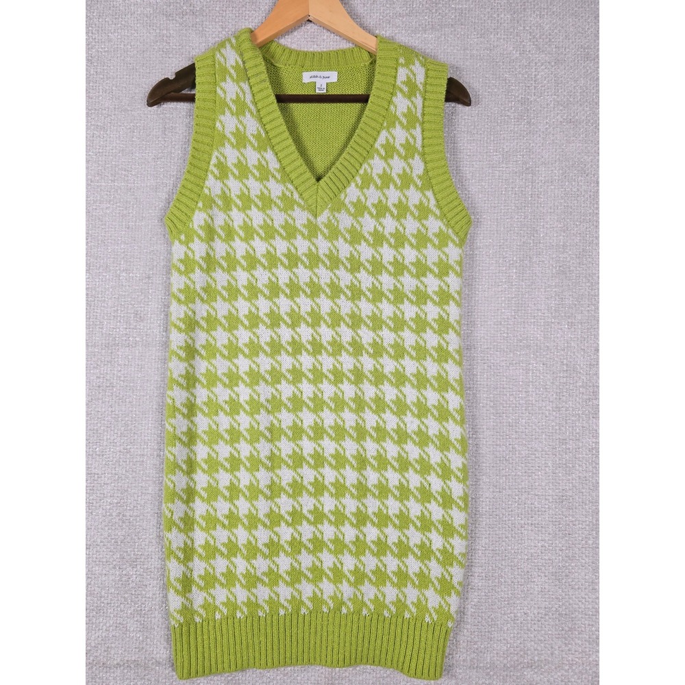 Stitch & Pine Womens Houndstooth V-Neck Sweater Dress Lime Green White Size‎ S